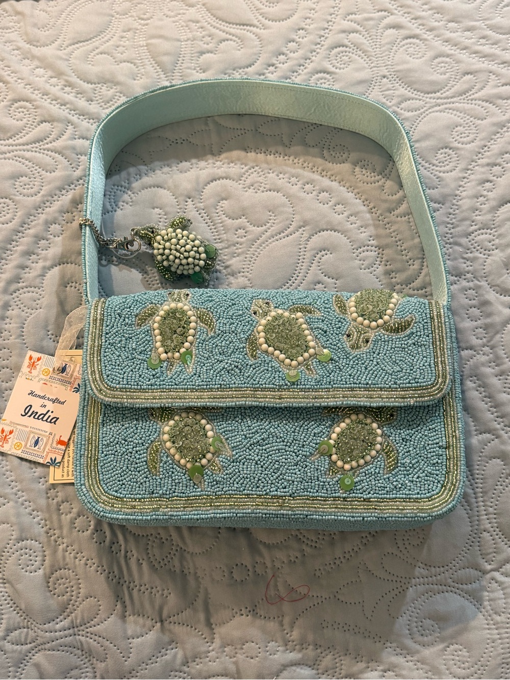 Sea Turtle Beaded Bag Handcrafted in India, Beaded Bag Charm Blue Aqua Green NWT